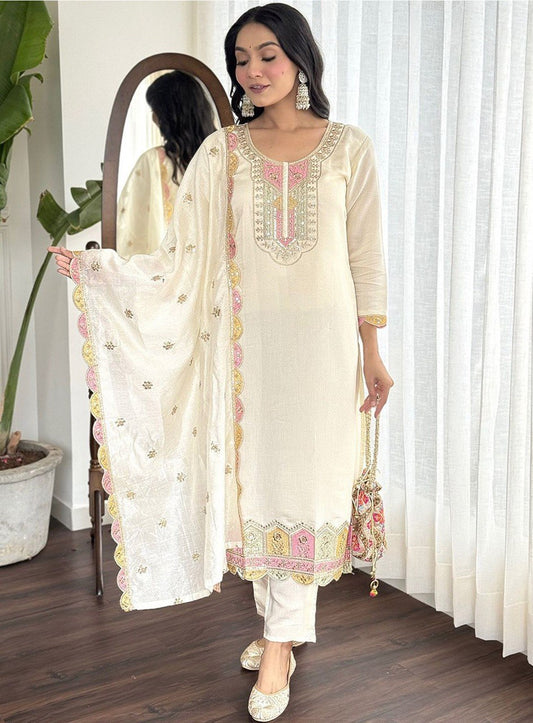 Awesome Roman Silk Embroidery Work White Color Salwar Suit