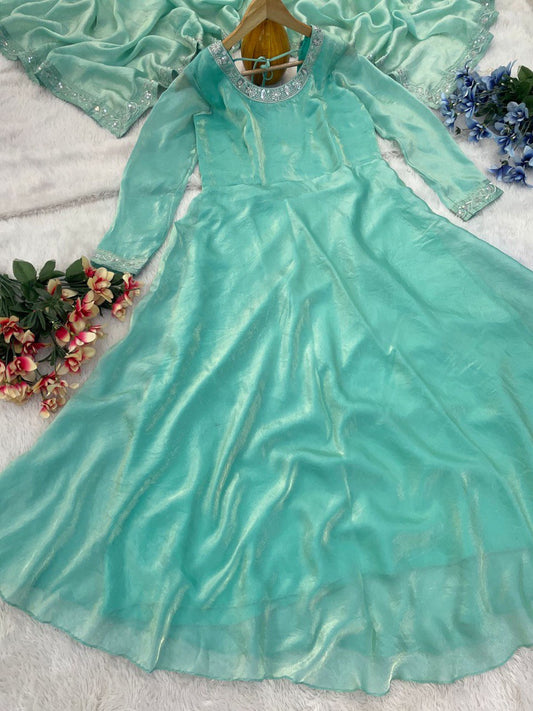 Opulent Fendy Silk Aqua Blue Color Gown