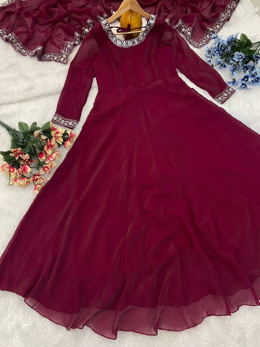 Opulent Fendy Silk Maroon Color Gown
