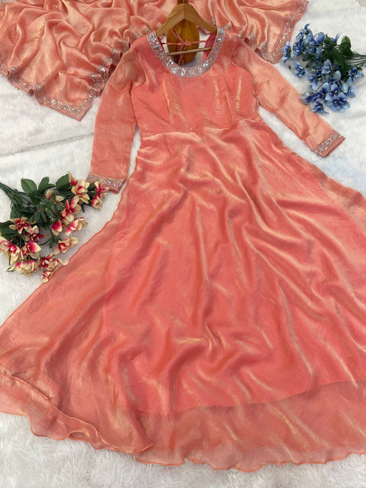 Opulent Fendy Silk Orange Color Gown