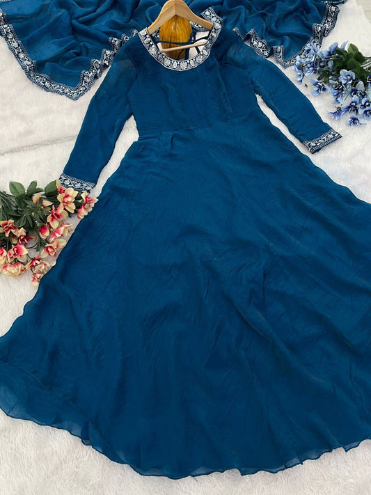 Opulent Fendy Silk Teal Blue Color Gown