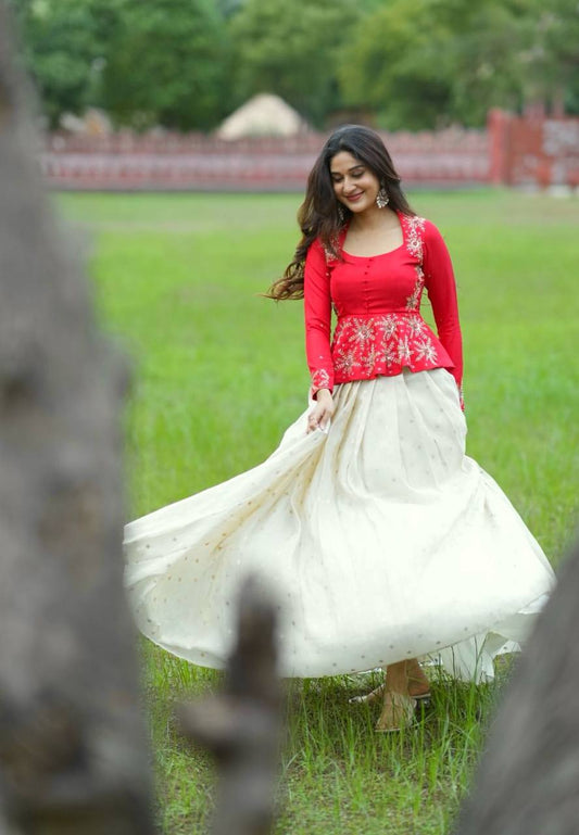 Designer Sequence Work Red & White Color Top With Lehenga