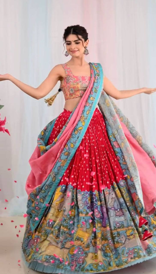 Admiring Cotton Kalamkari Print Red Multi Color Lehenga Choli