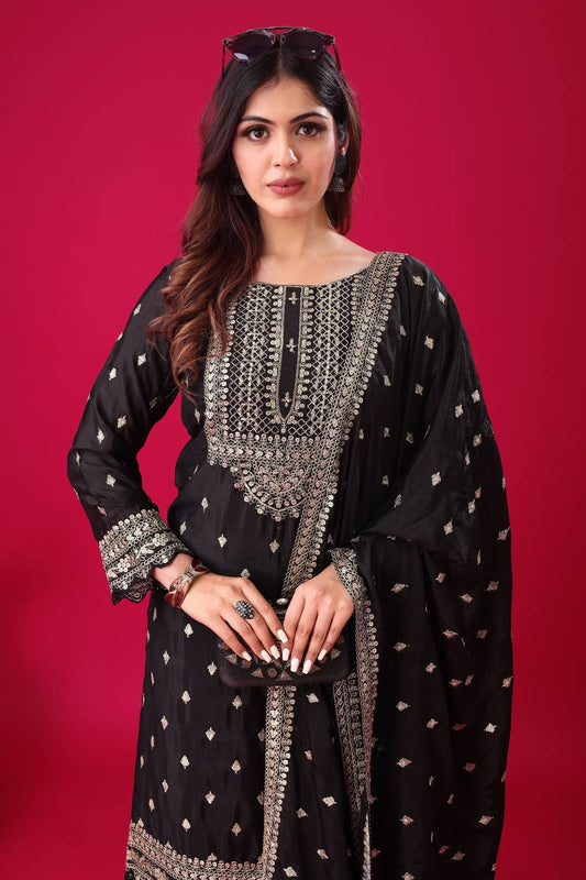 Heavy Embroidery Work Black Color Sharara Suit