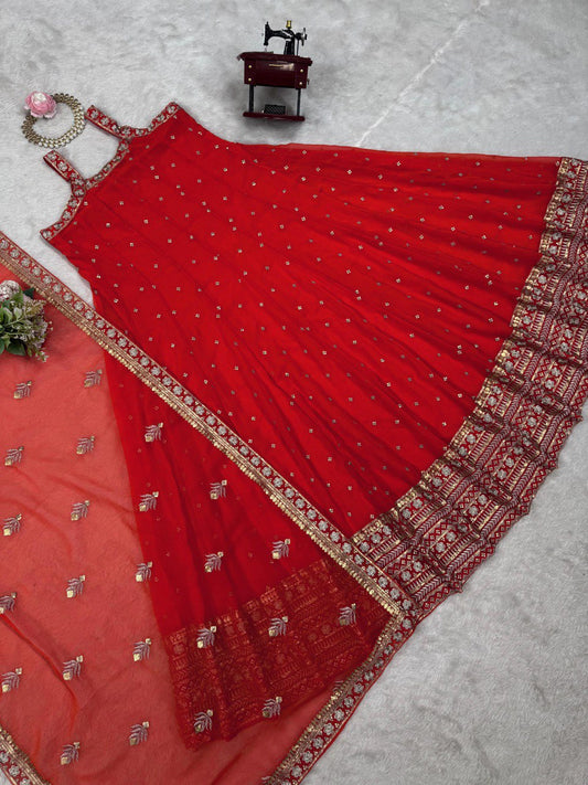 Ceremony Wear Thread With Sequnce Red Color Gown