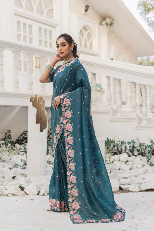 Imposing Crush Silk Teal Blue Color Saree