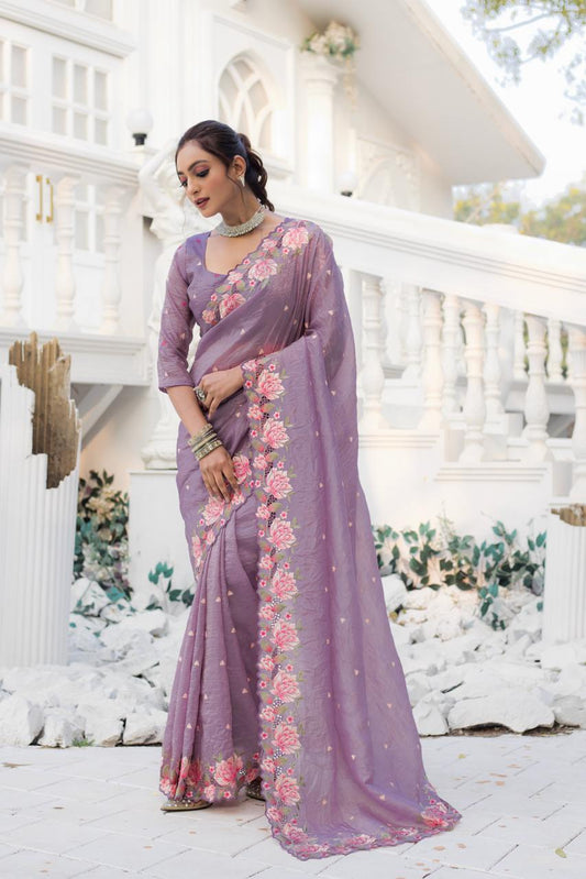 Imposing Crush Silk Lavender Color Saree