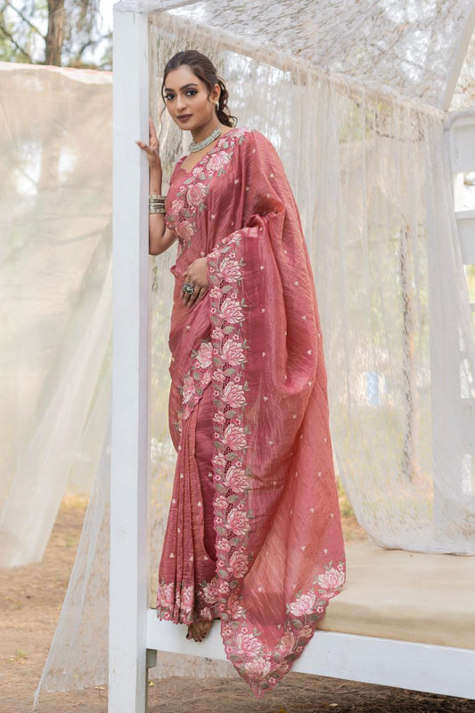 Imposing Crush Silk Peach Color Saree