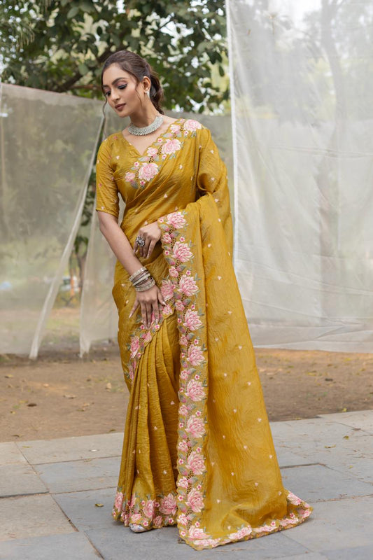 Imposing Crush Silk Mustard Color Saree