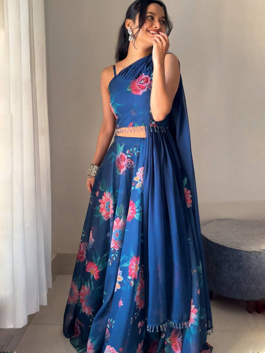 Outstanding Georgette Navy Blue Color Lehenga Choli