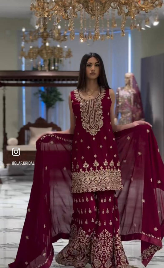 Demanding Georgette Red Color Sharara Suit