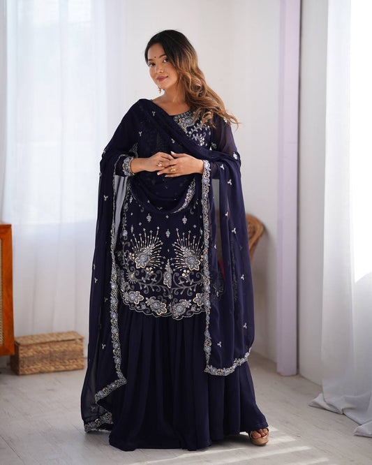 Eyes Catching Georgette Navy Blue Color Sharara Suit