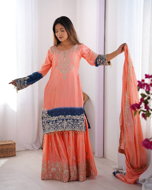 Good Looking Chinon Silk Rivet Moti Peach Color Sharara Suit