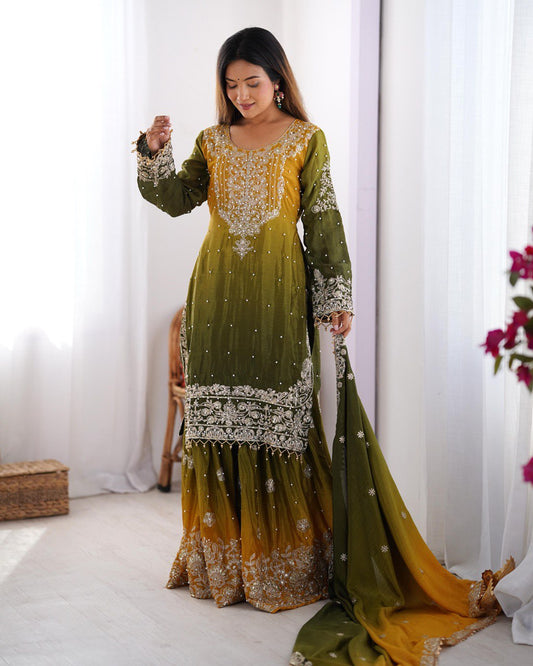 Good Looking Chinon Silk Rivet Moti Yellow Color Sharara Suit