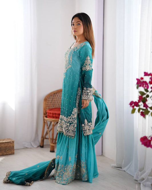 Good Looking Chinon Silk Rivet Moti Blue Color Sharara Suit