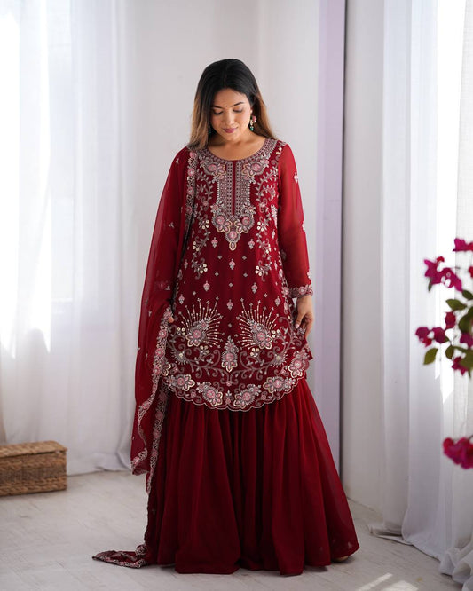 Eyes Catching Georgette Red Color Sharara Suit