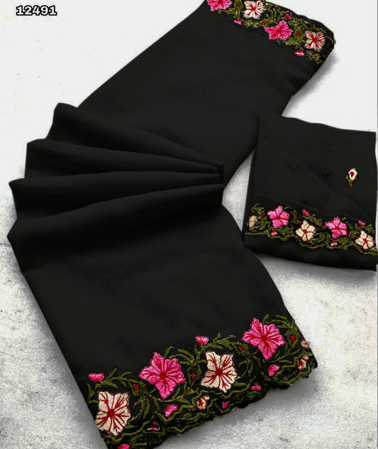 Festive Wear Georgette Black Color Saree