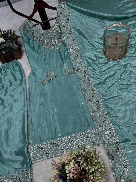 Fabulous Chinon Silk Sky Blue Color Salwar Suit