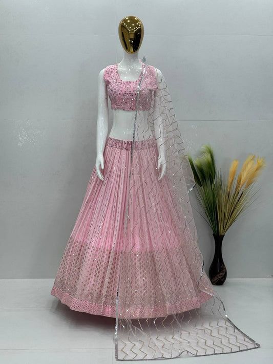 Wedding & Party Wear Real Mirror Hand Work Pink Color Lehenga Choli