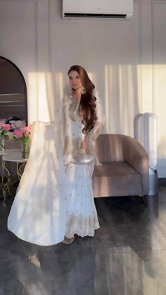 Glossy Chinnon Silk White Color Sharara Suit