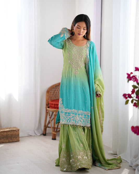 Good Looking Chinon Silk Rivet Moti Rama Color Sharara Suit