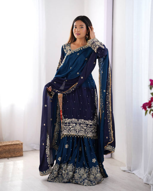 Good Looking Chinon Silk Rivet Moti Navy Blue Color Sharara Suit