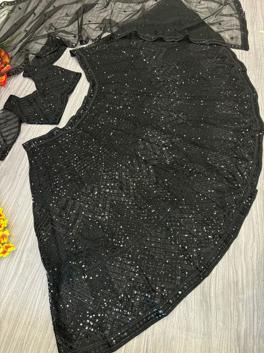 Captivating Embroidery Work Black Color Lehenga Choli