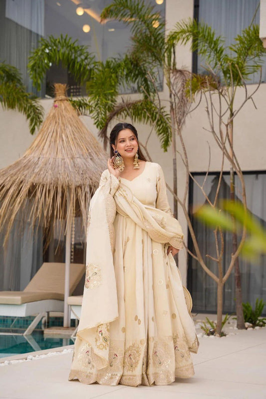 Outstanding Chinon Silk Cream Color Gown