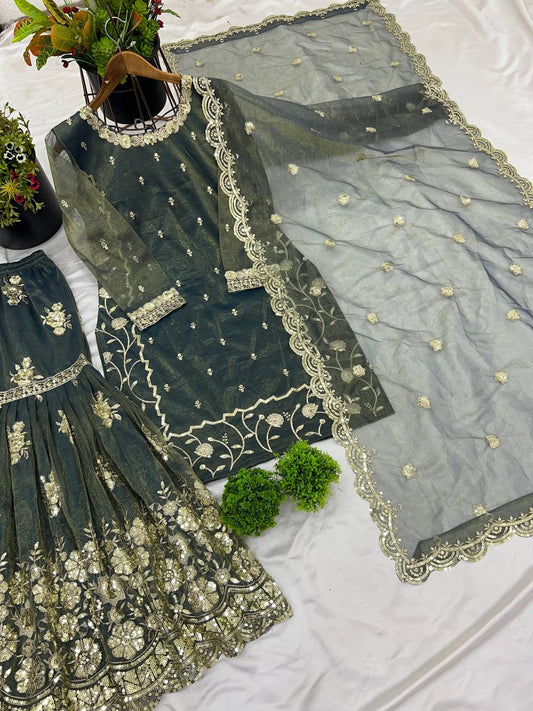 Peaceful Heavy Embroidery Work Green Color Sharara Suit