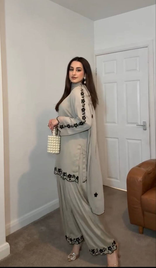 Glimmering Embroidery Work Off White Color Palazzo Suit