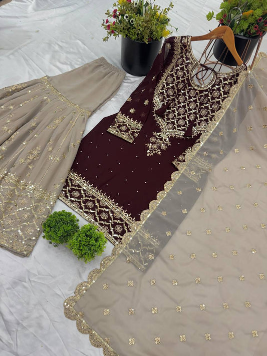 Presenting Embroidery Sequence Work Maroon Color Sharara Suit