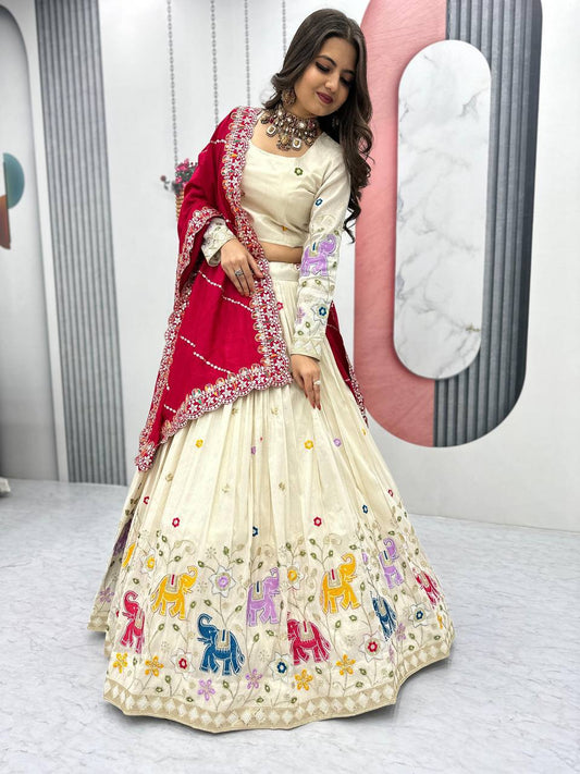 Stunning Off White Color Lehenga choli With Red Dupatta