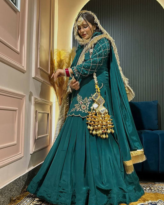 Function Wear Bids Hand Work Teal Green Color Top With Lehenga