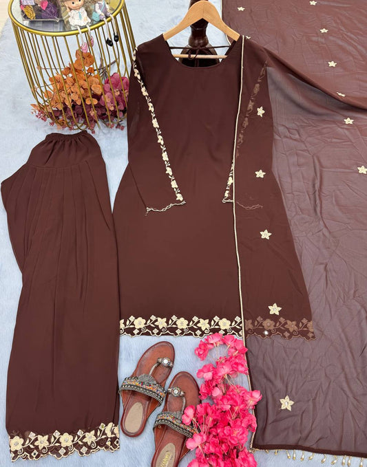 Glimmering Embroidery Work Brown Color Palazzo Suit