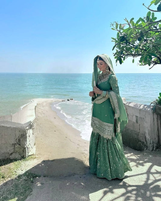 Good Looking Embroidery Work Rama Color Sharara Suit