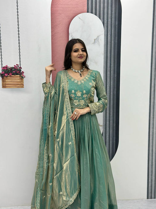 Flattering Sequence Work Teal Green Color Gown