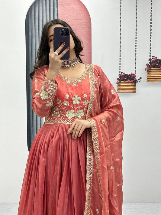 Flattering Sequence Work Orange Color Gown