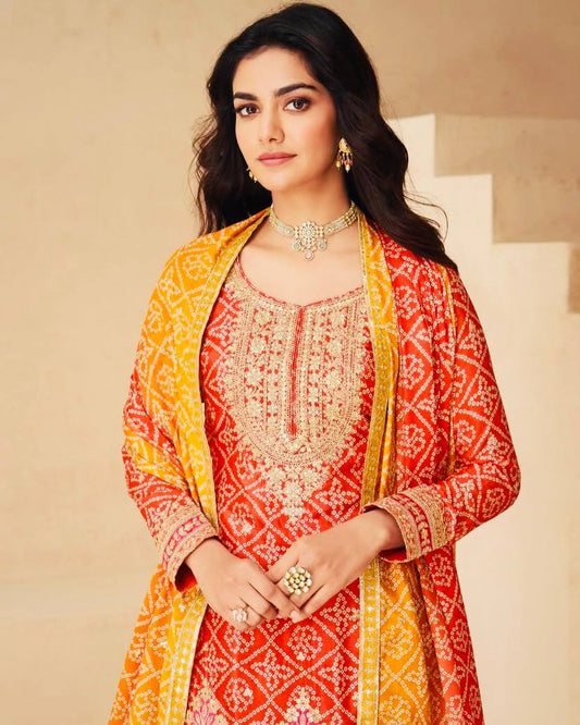 Glorious Chinon Silk Red Color Sharara Suit