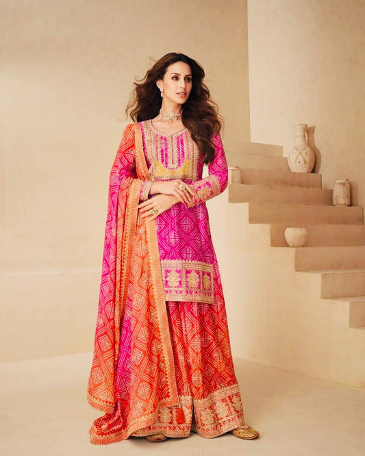 Glorious Chinon Silk Pink Color Sharara Suit