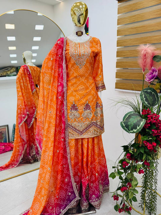 Glorious Chinon Silk Mustard Color Sharara Suit