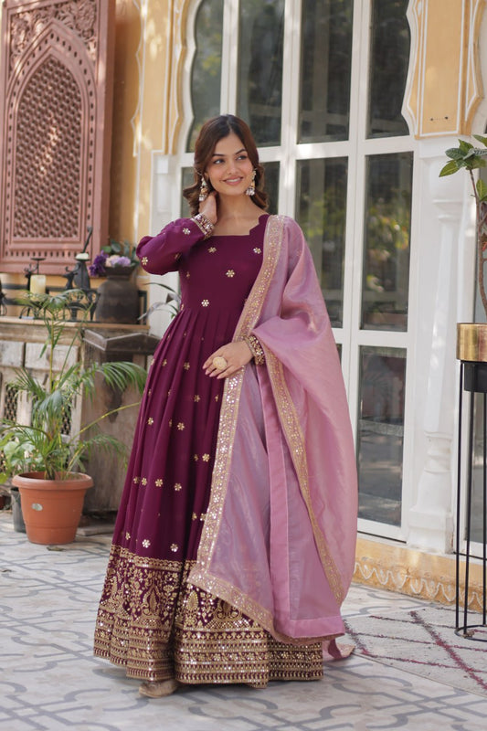 Designer Embroidery Work Wine Color Gown