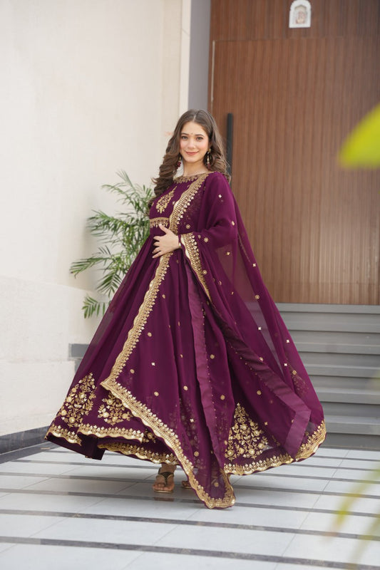 Beautiful Wine Color Heavy Gown With Dupatta