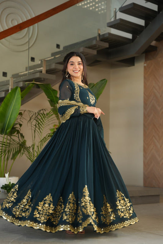 Beautiful Rama Color Heavy Gown With Dupatta