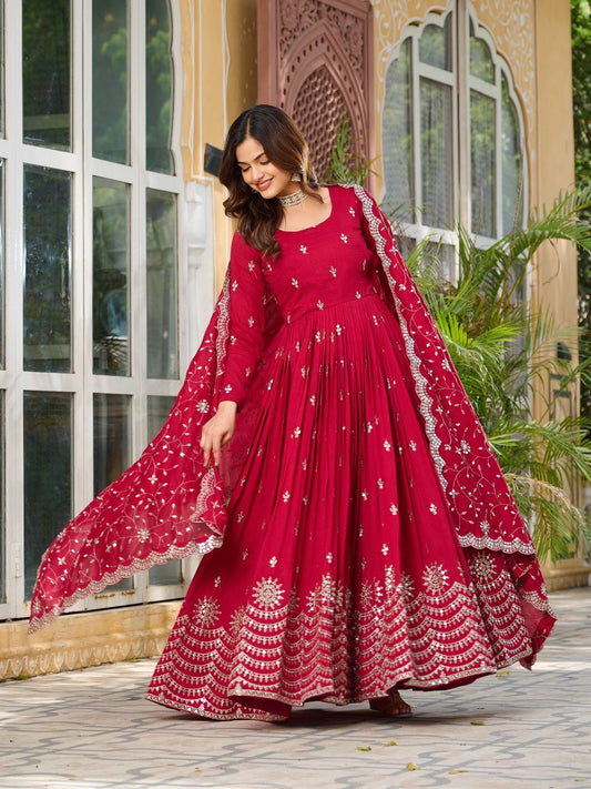 Good Looking Vichitra Silk Red Color Gown