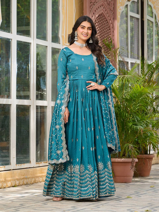 Good Looking Vichitra Silk Rama Color Gown
