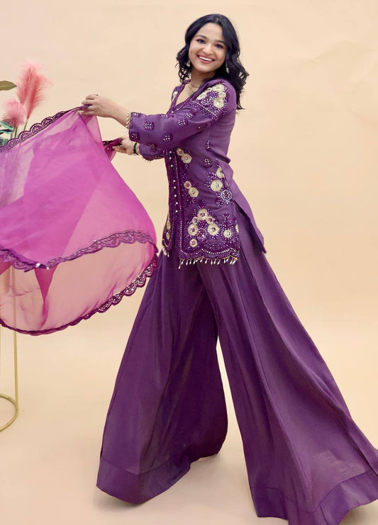 Flattering Simar Silk Purple Color Palazzo Suit
