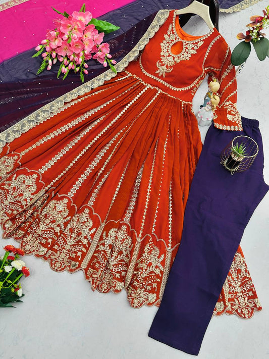 Delightful Embroidery Work Orange Color Gown
