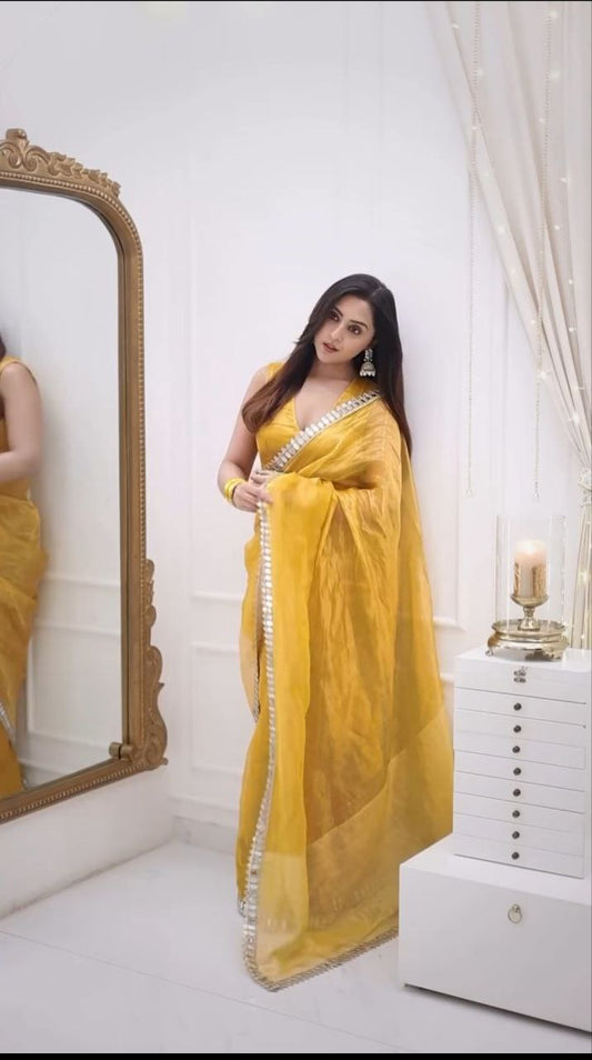 Function Wear Gold Crush With Work Yellow Color Saree