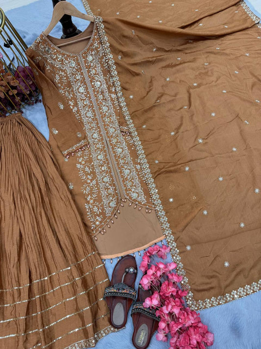 Demanding Brown Color Chinon Silk Sharara Suit