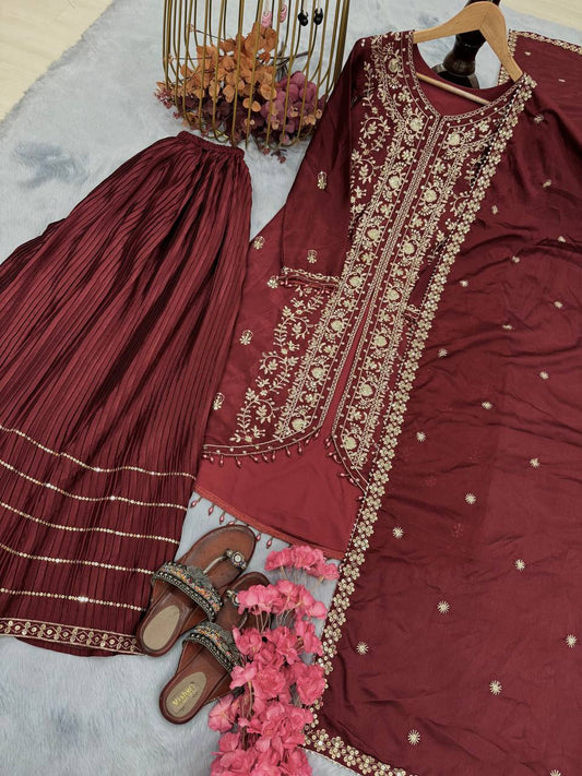 Demanding Maroon Color Chinon Silk Sharara Suit